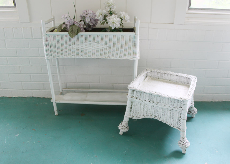 White Wicker Planter and Side Table