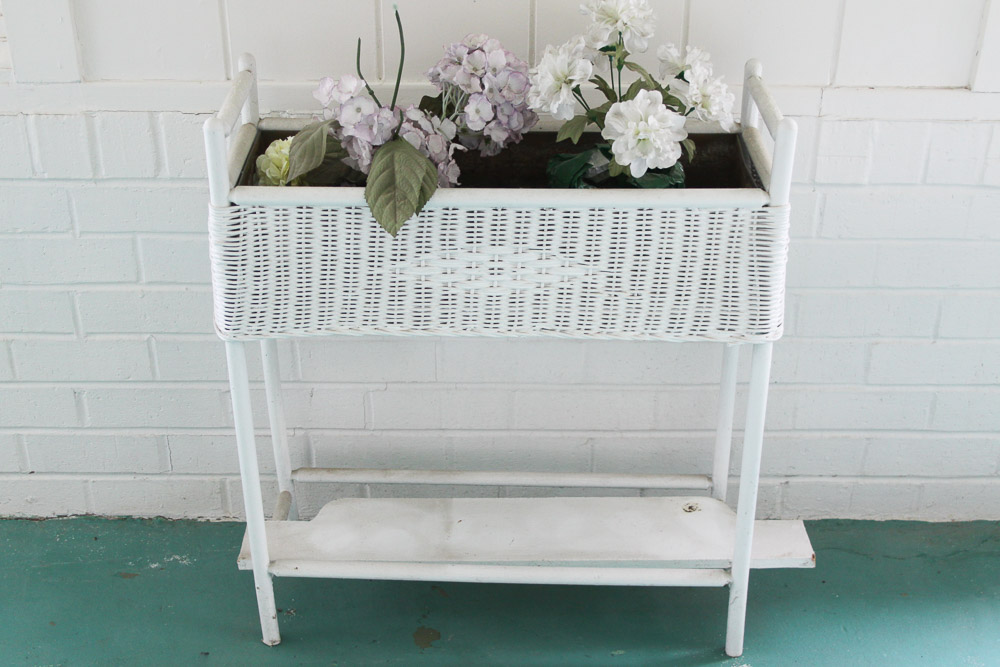 White Wicker Planter and Side Table