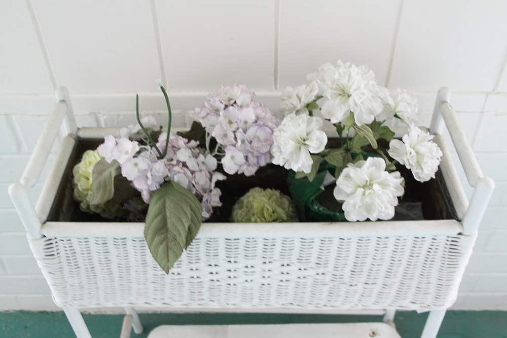 White Wicker Planter and Side Table