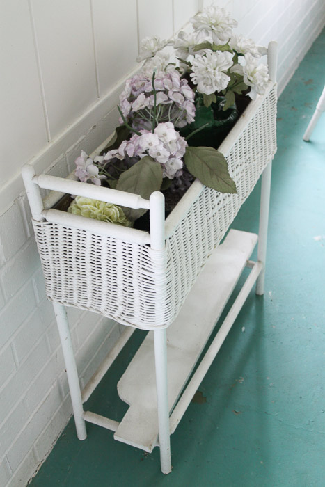 White Wicker Planter and Side Table