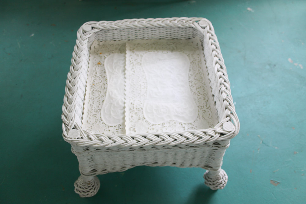 White Wicker Planter and Side Table