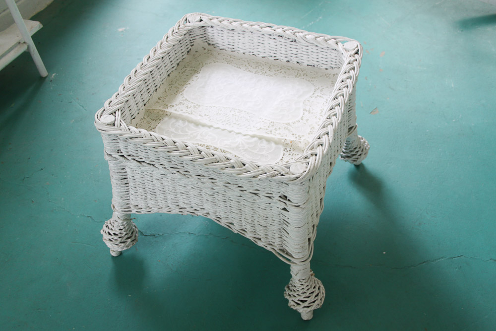 White Wicker Planter and Side Table