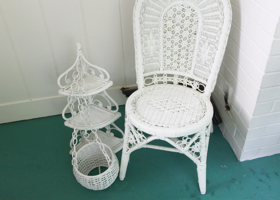 Wicker Chair, Hanging Planter, and Shelf