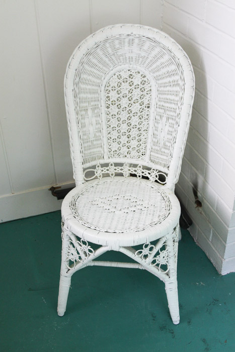 Wicker Chair, Hanging Planter, and Shelf