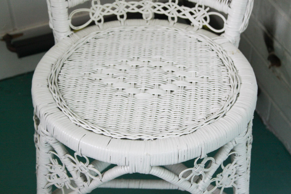 Wicker Chair, Hanging Planter, and Shelf