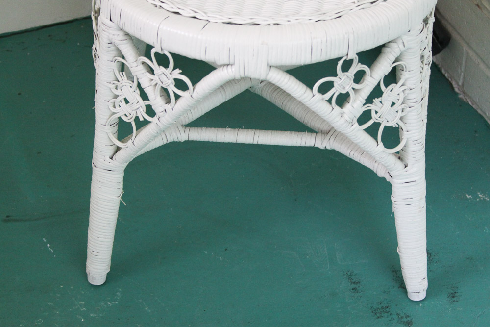 Wicker Chair, Hanging Planter, and Shelf