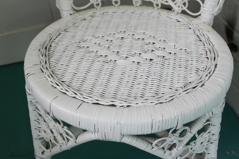 Wicker Chair, Hanging Planter, and Shelf