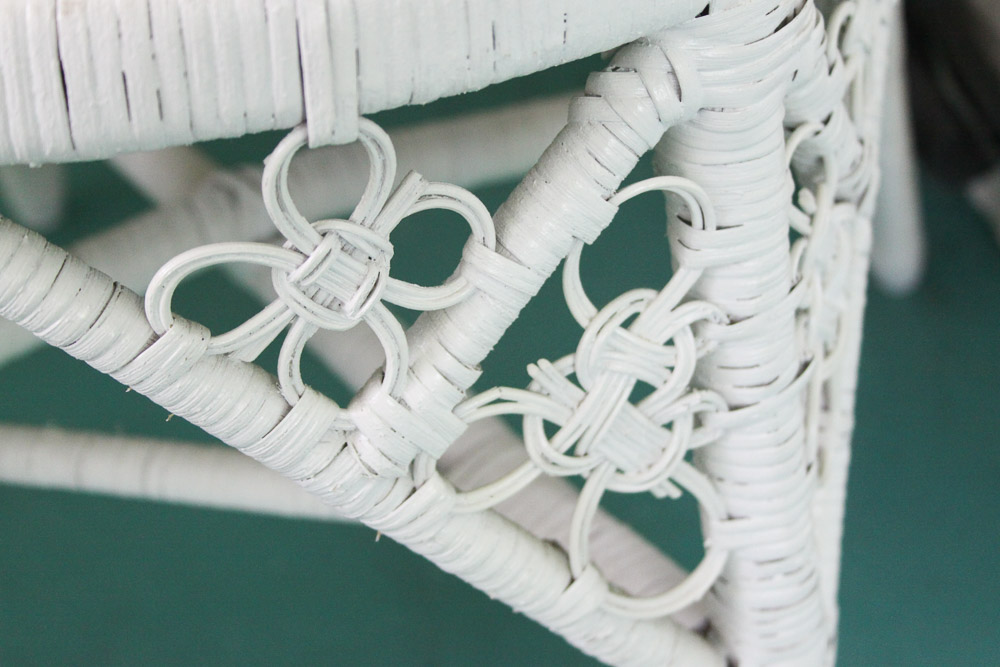 Wicker Chair, Hanging Planter, and Shelf