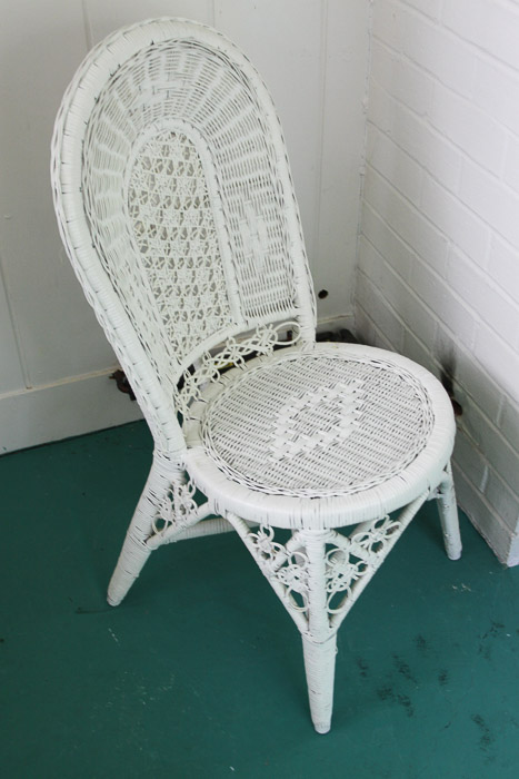 Wicker Chair, Hanging Planter, and Shelf