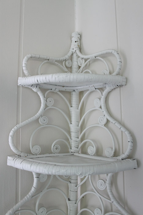 Wicker Chair, Hanging Planter, and Shelf