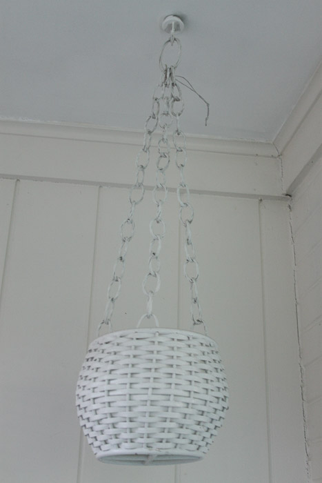 Wicker Chair, Hanging Planter, and Shelf