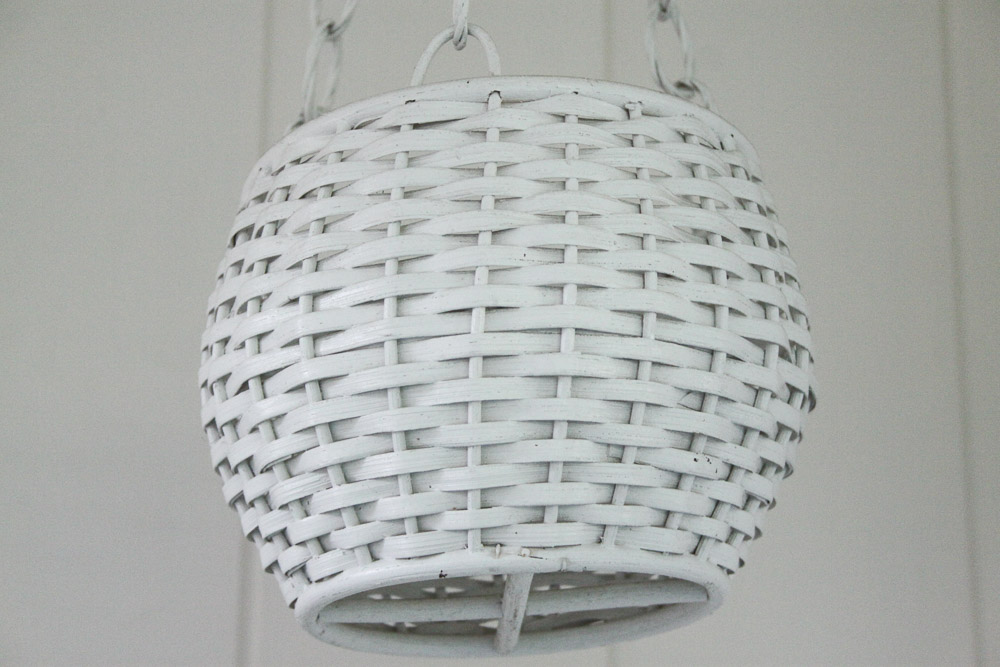 Wicker Chair, Hanging Planter, and Shelf