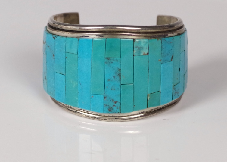 Stunning Sterling Silver and Turquoise Mosaic Cuff Bracelet