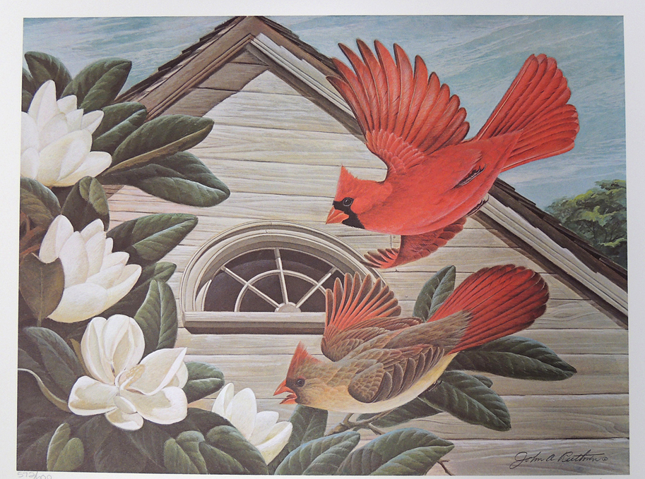 Signed Lithograph "Cardinals" by John Ruthven