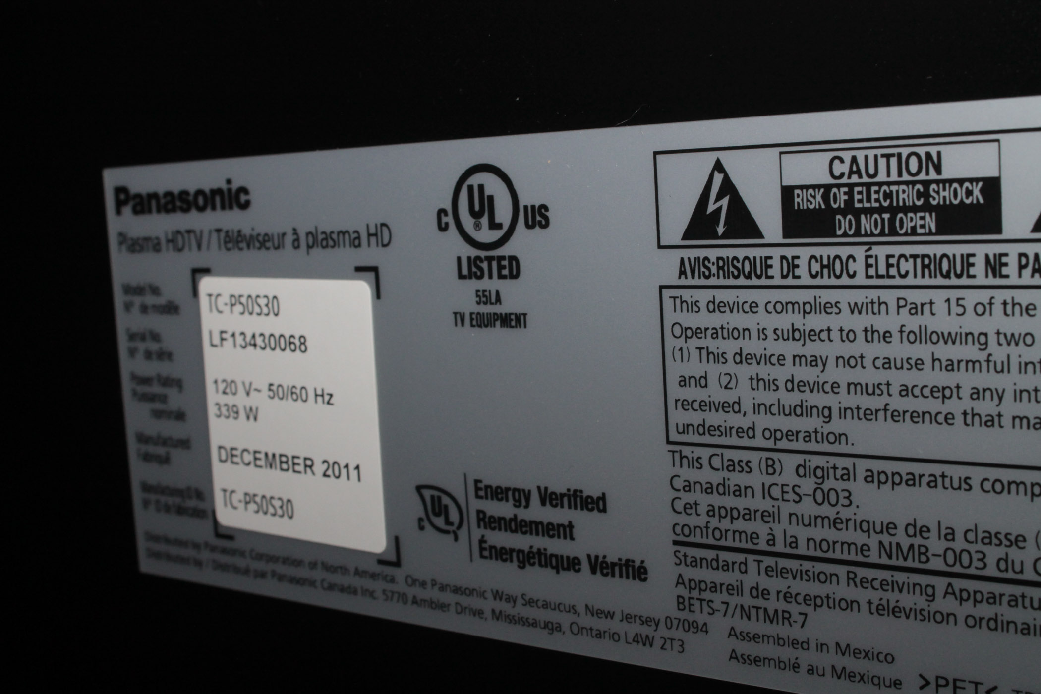 Panasonic 50" Plasma Flat Screen HDTV