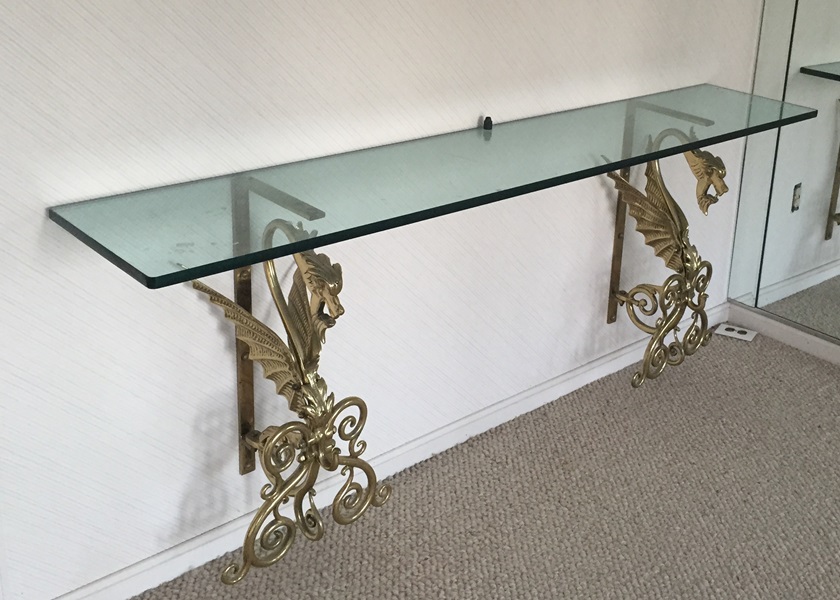 Wall Mounted Glass and Brass Dragon Shelf