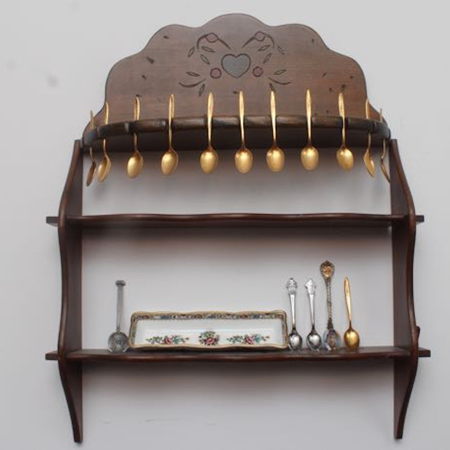 Vintage Spoon Rack with Spoon Collection