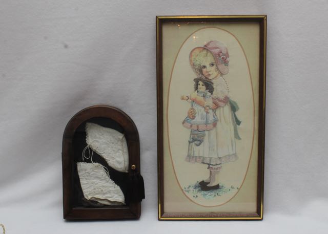 Framed Embroidery and Vintage Baby Shoes