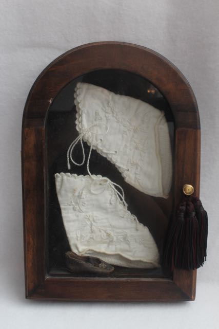 Framed Embroidery and Vintage Baby Shoes