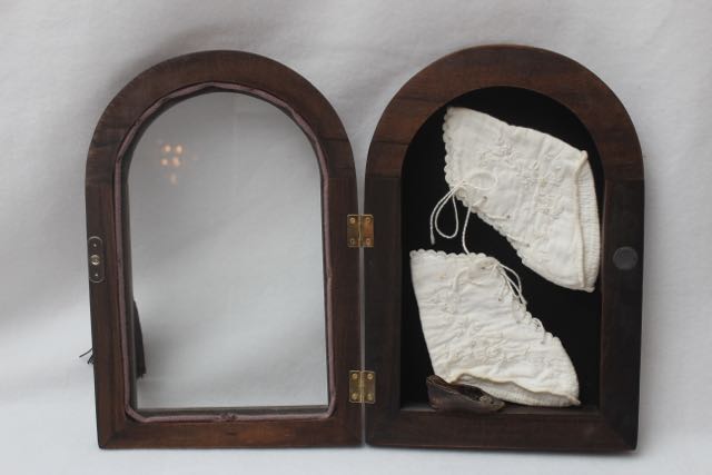 Framed Embroidery and Vintage Baby Shoes