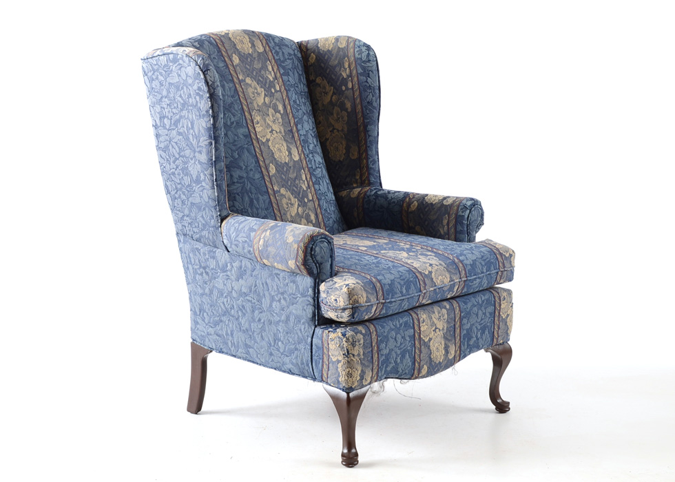 Queen Anne Style Blue Striped Wingback Chair