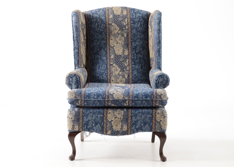 Queen Anne Style Blue Striped Wingback Chair