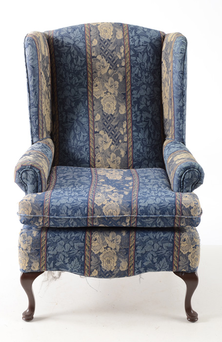 Queen Anne Style Blue Striped Wingback Chair