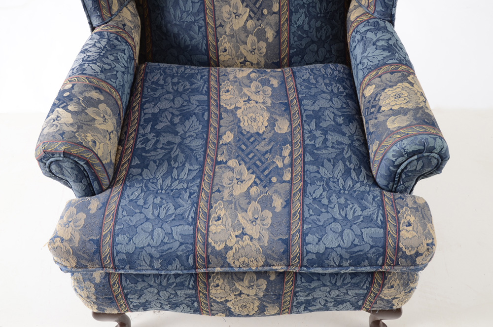 Queen Anne Style Blue Striped Wingback Chair