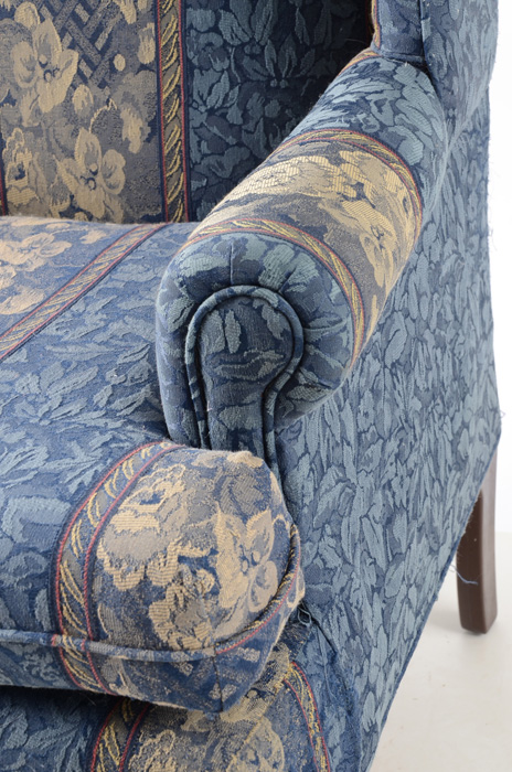 Queen Anne Style Blue Striped Wingback Chair