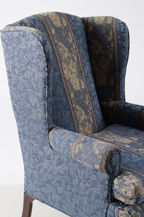 Queen Anne Style Blue Striped Wingback Chair