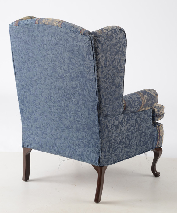 Queen Anne Style Blue Striped Wingback Chair