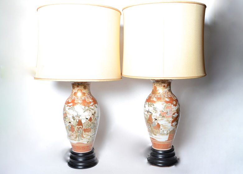 Pair of Large Japanese Satsuma Lamps