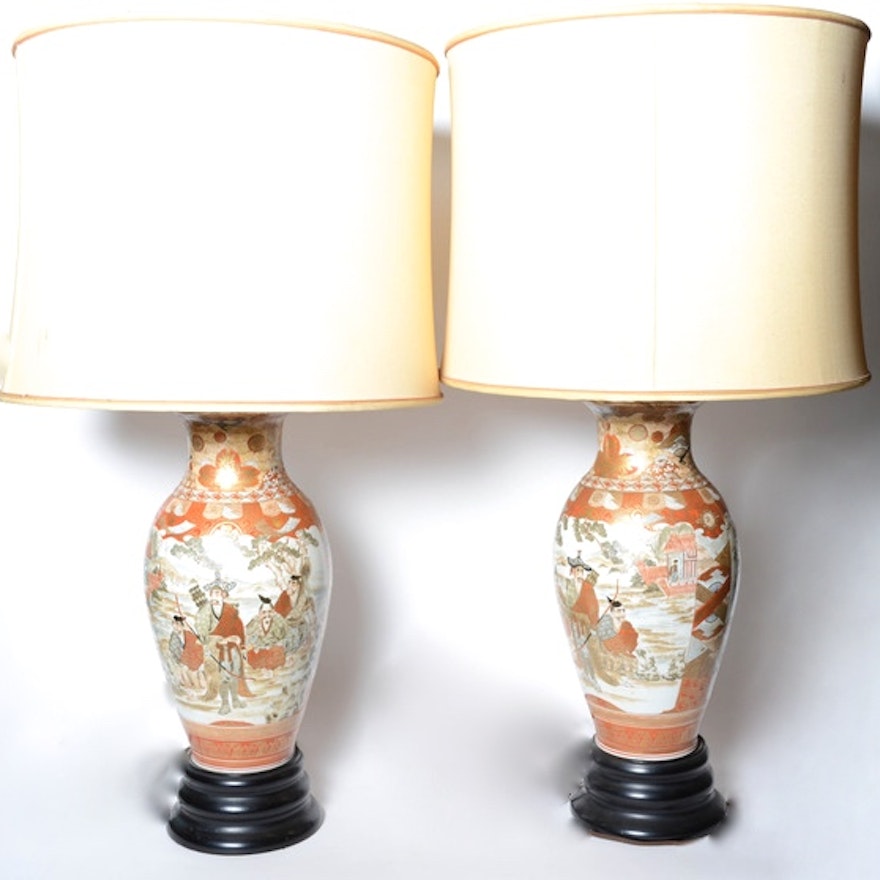 Pair of Large Japanese Satsuma Lamps