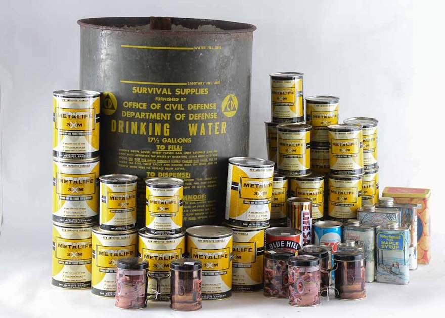 1962 Civil Defense Drinking Water Barrel and Assorted Cans