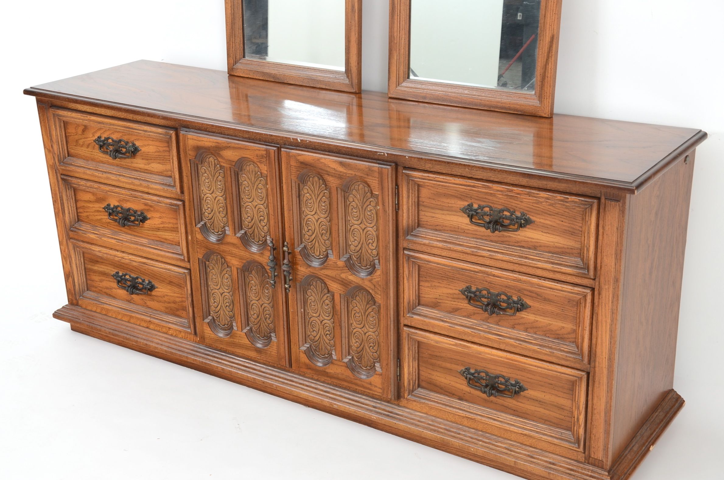 Circa 1970s Mediterranean Style Fruitwood Dresser and Mirrors