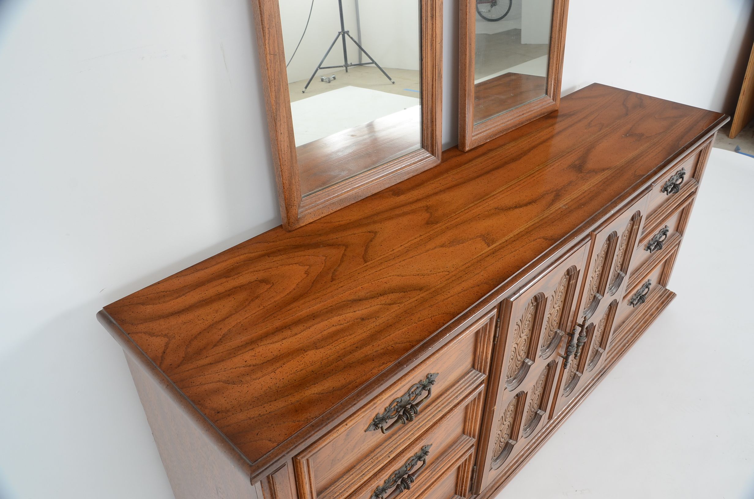 Circa 1970s Mediterranean Style Fruitwood Dresser and Mirrors