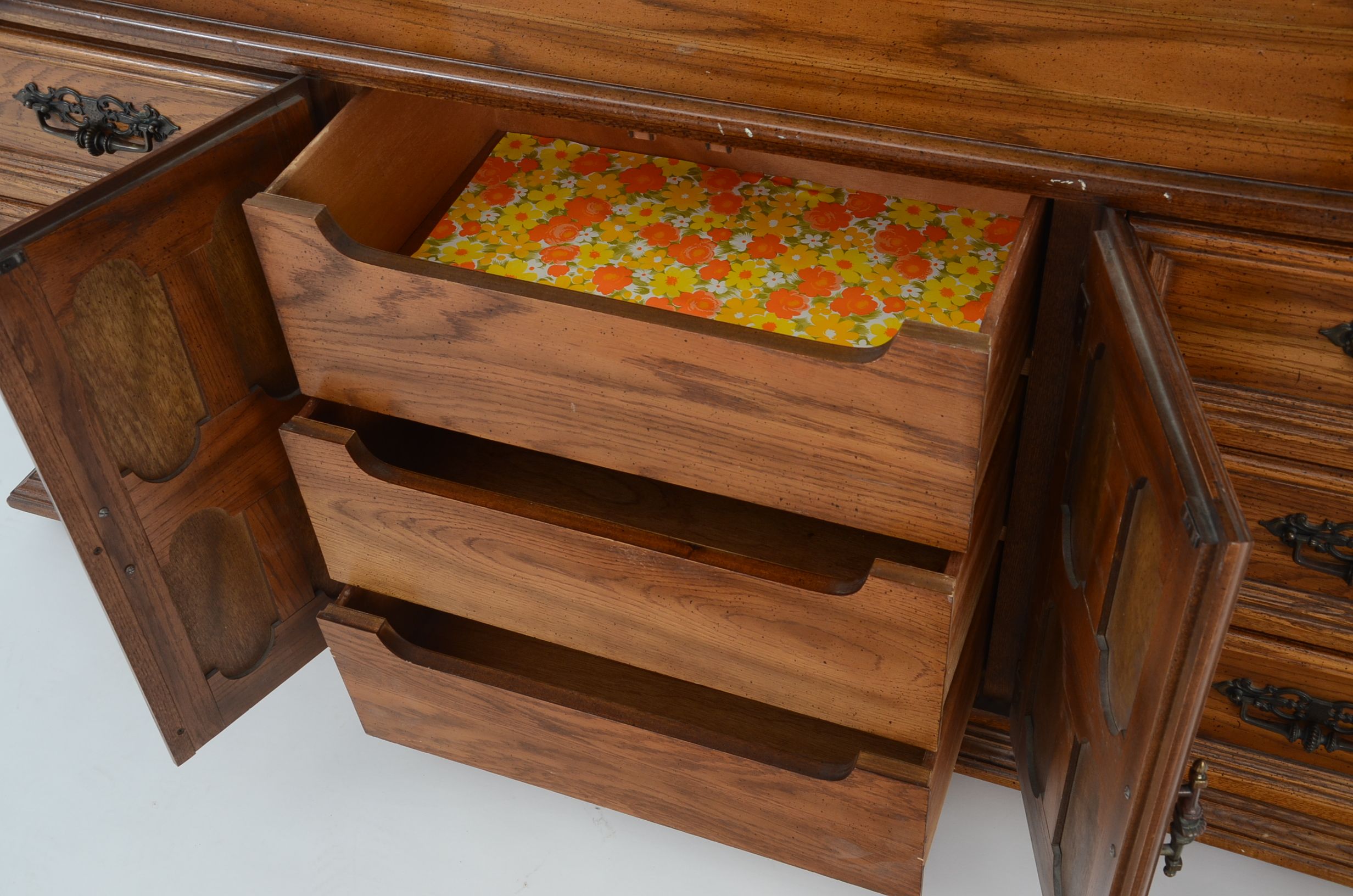 Circa 1970s Mediterranean Style Fruitwood Dresser and Mirrors