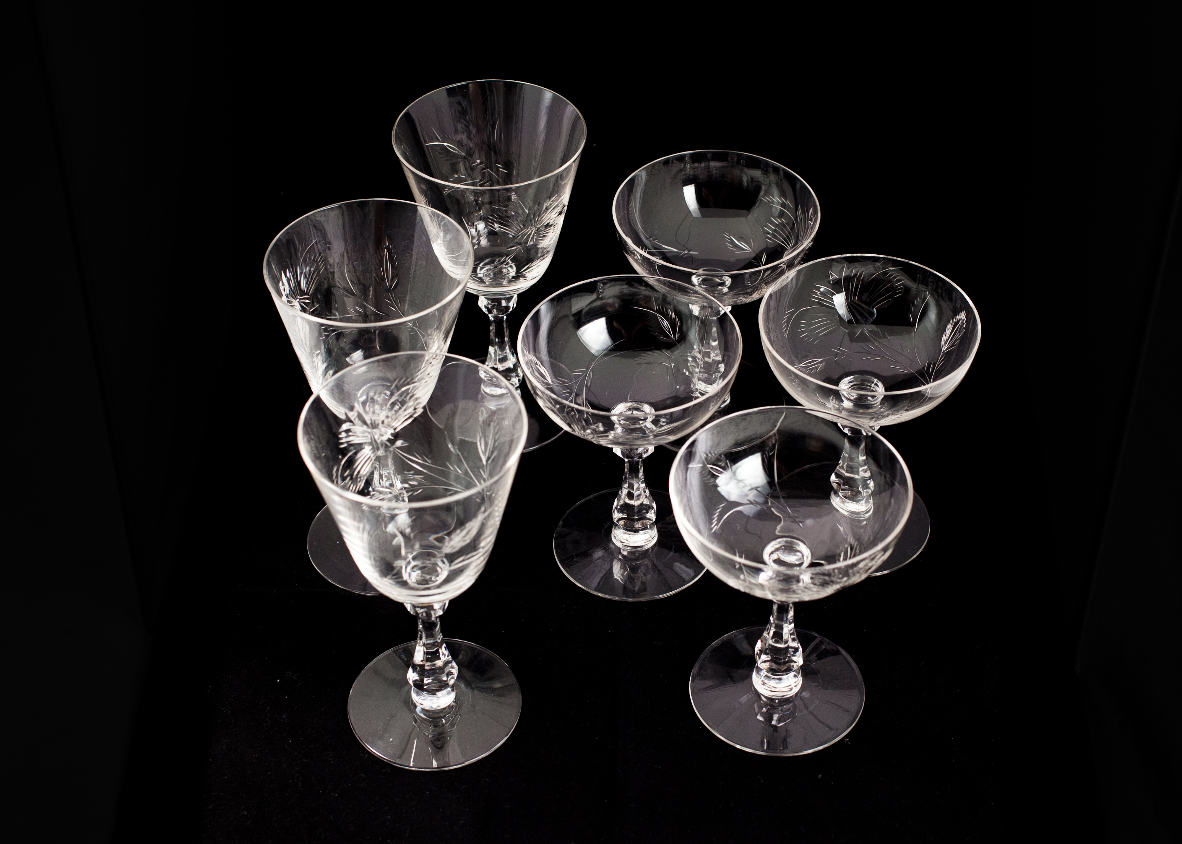 Vintage Etched Floral Champagne and Sherry Glasses