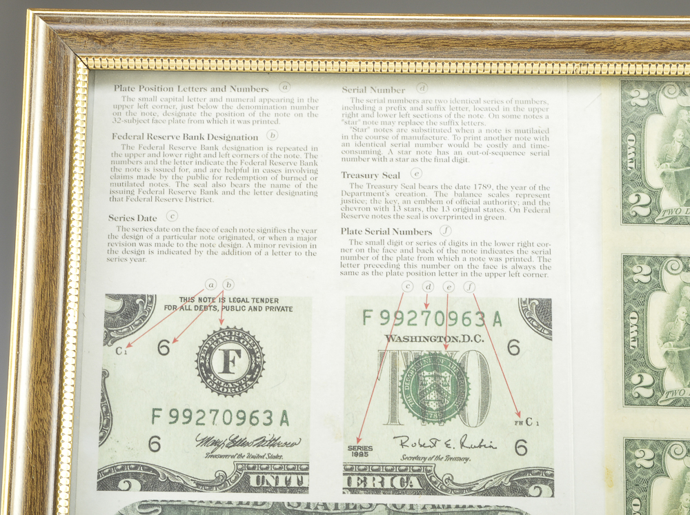 A Framed Uncut Two Dollar Bill Sheet