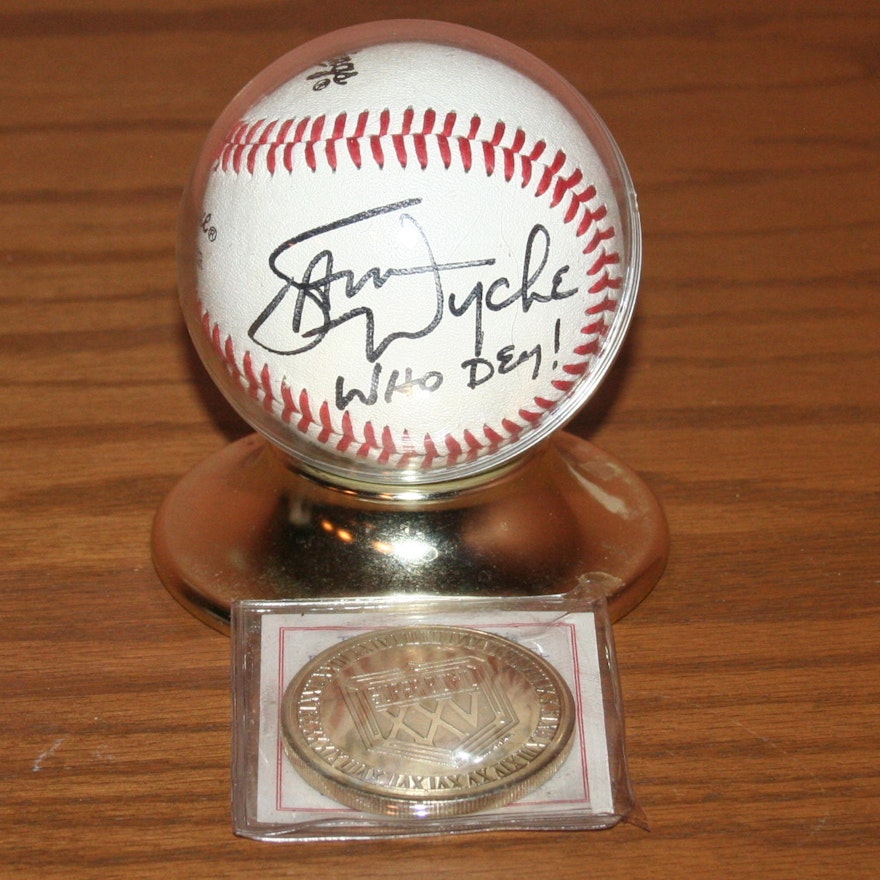 Sam Wyche Autographed Baseball and Super Bowl Commemorative Coin