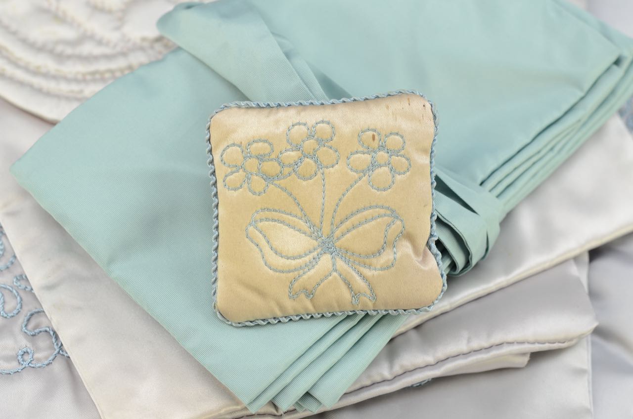 Four Vintage Satin Lingerie Cases, Jewelry Case, and a Cachet