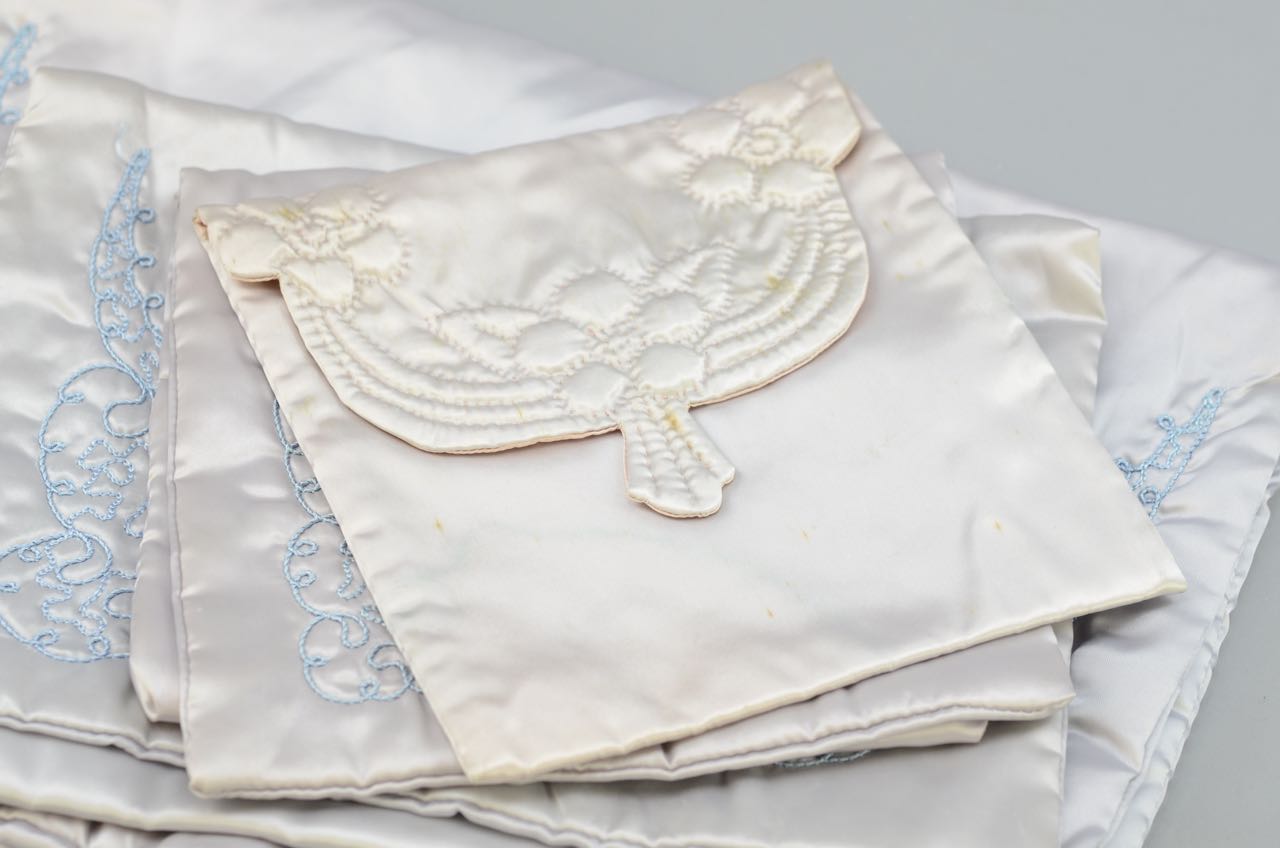 Four Vintage Satin Lingerie Cases, Jewelry Case, and a Cachet