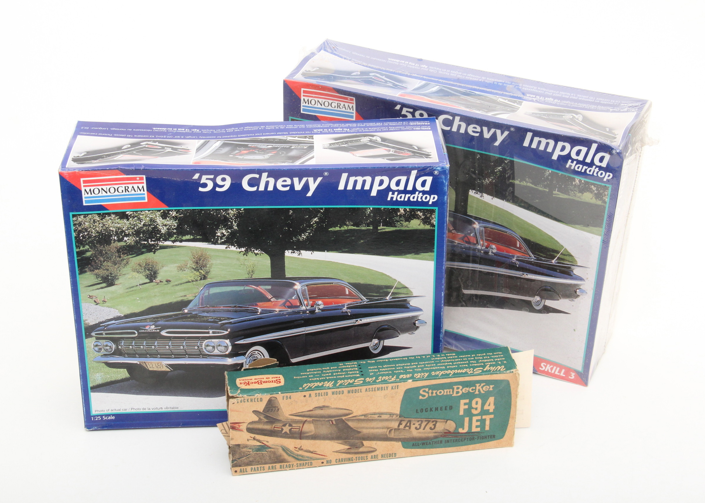 Two 1959 Chevy Impala Monogram Kits and StromBecKer Lockheed Kit