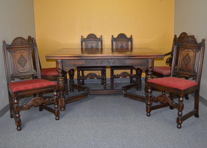 Alms & Doepke Carved Walnut Dining Table and Six Chairs
