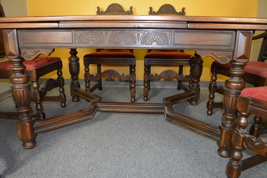 Alms & Doepke Carved Walnut Dining Table and Six Chairs