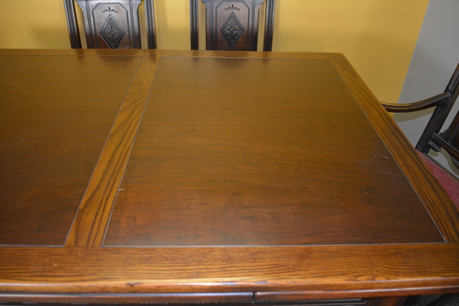 Alms & Doepke Carved Walnut Dining Table and Six Chairs