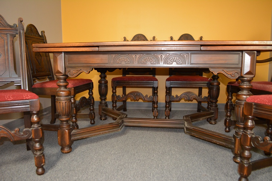 Alms & Doepke Carved Walnut Dining Table and Six Chairs