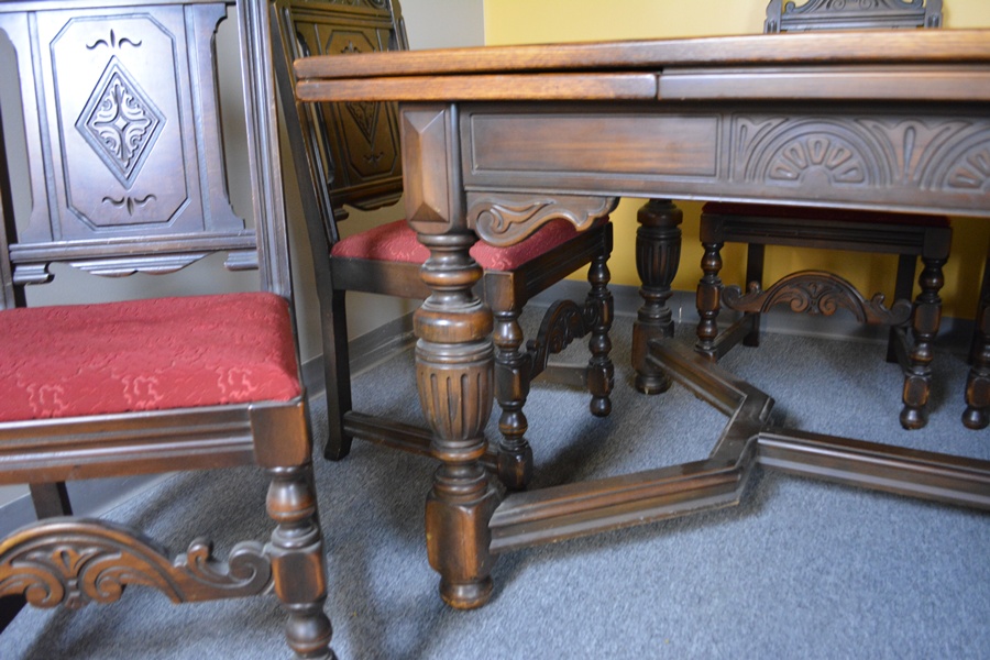Alms & Doepke Carved Walnut Dining Table and Six Chairs
