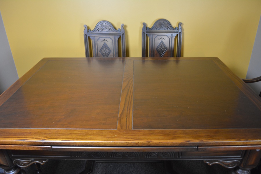 Alms & Doepke Carved Walnut Dining Table and Six Chairs