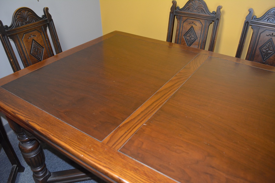 Alms & Doepke Carved Walnut Dining Table and Six Chairs